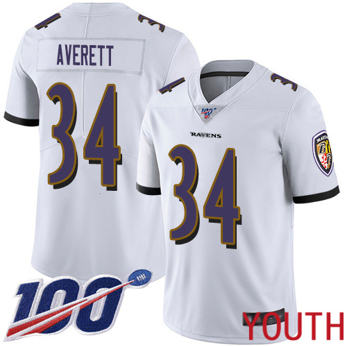 Baltimore Ravens Limited White Youth Anthony Averett Road Jersey NFL Football #34 100th Season Vapor Untouchable